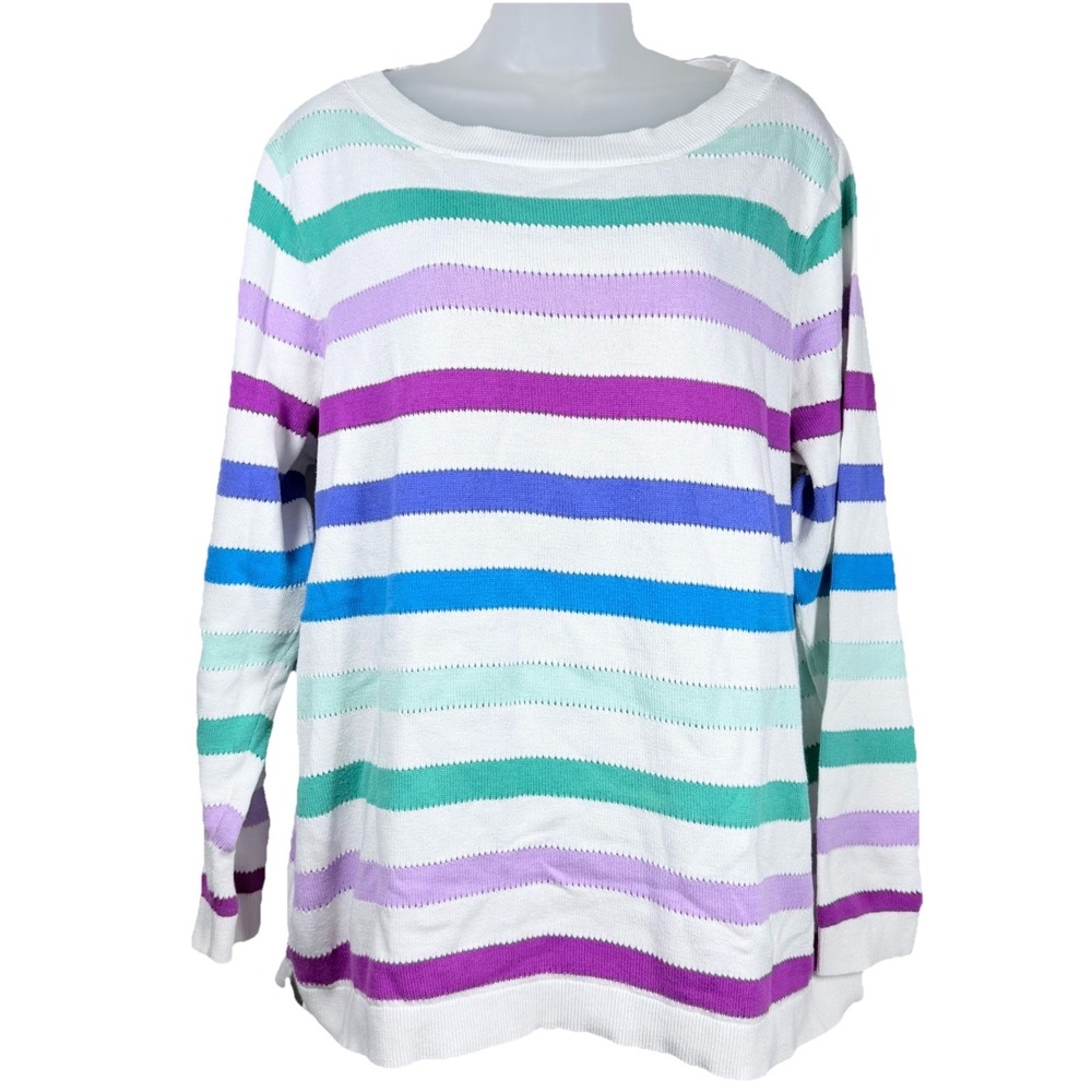 Talbots Plus 2X Rainbow Striped Sweater Cotton Spring Coastal Old Money Pastel